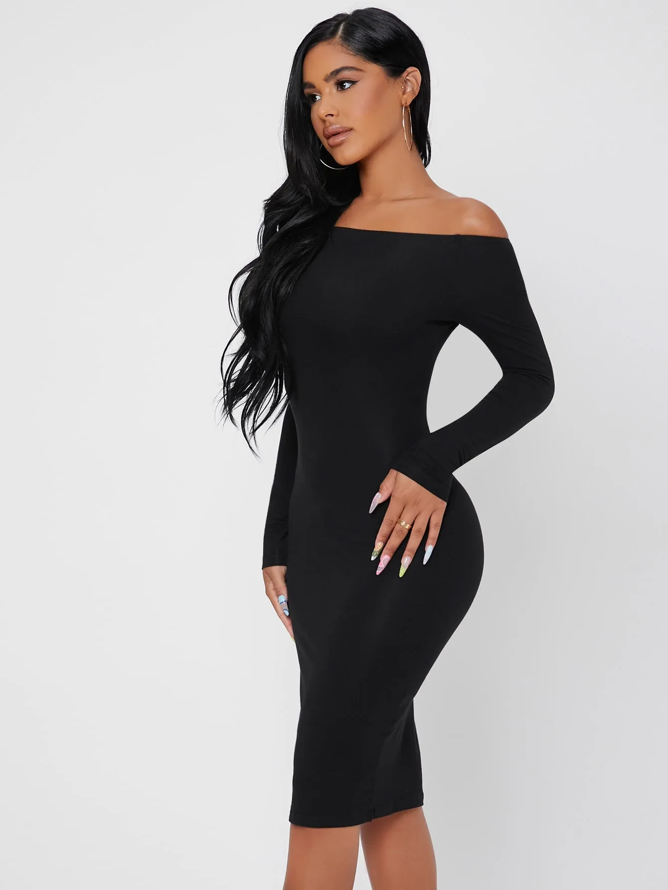 Elegant Plain Long Sleeve Off The Shoulder Pencil Natural Midi Dress