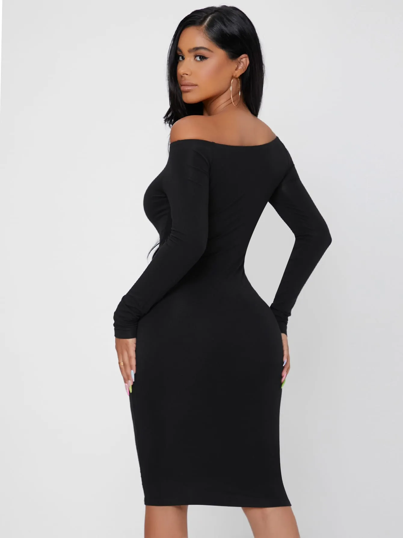 Elegant Plain Long Sleeve Off The Shoulder Pencil Natural Midi Dress