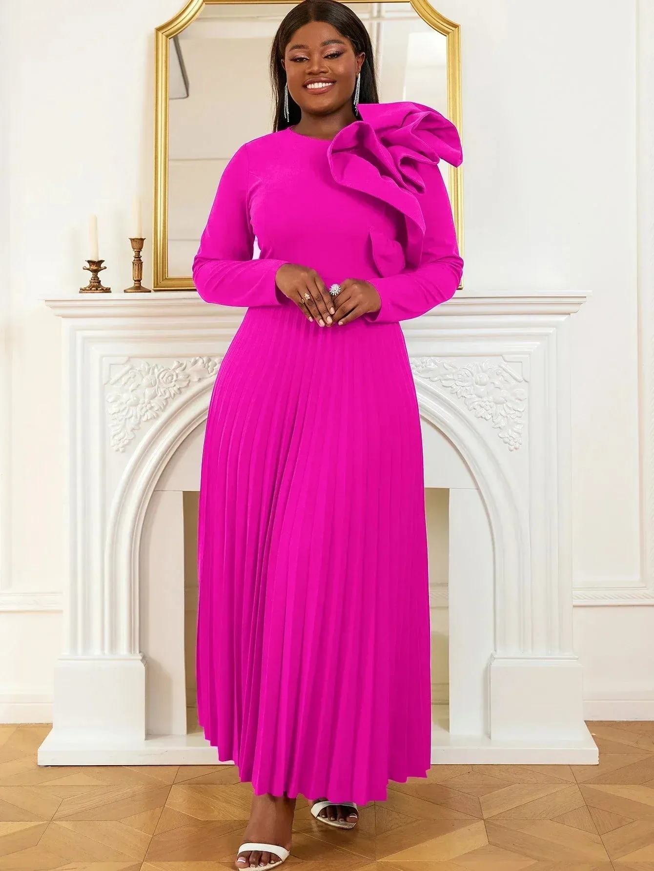 Elegant Vintage Long Sleeve Applique Dress for Women Modest Pleated A Line Robe with Ruffle Swing for Evening Party