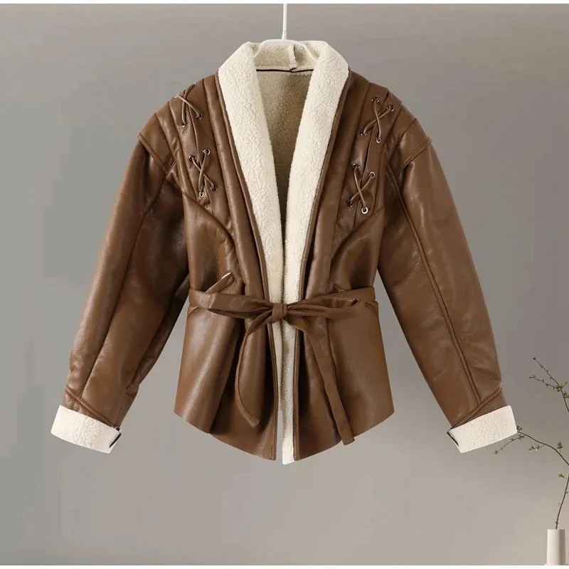 Faux Leather Jacket with Teddy Fur Lined