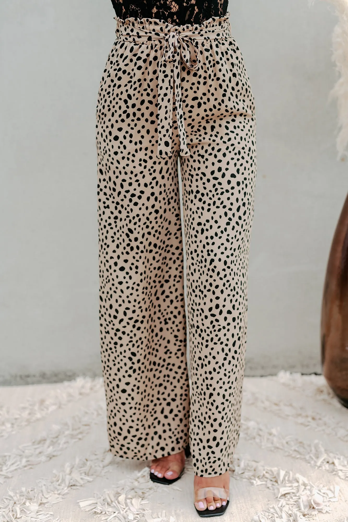 Fiercely Fashionable Wide Leg Printed Paperbag Pants (Taupe)