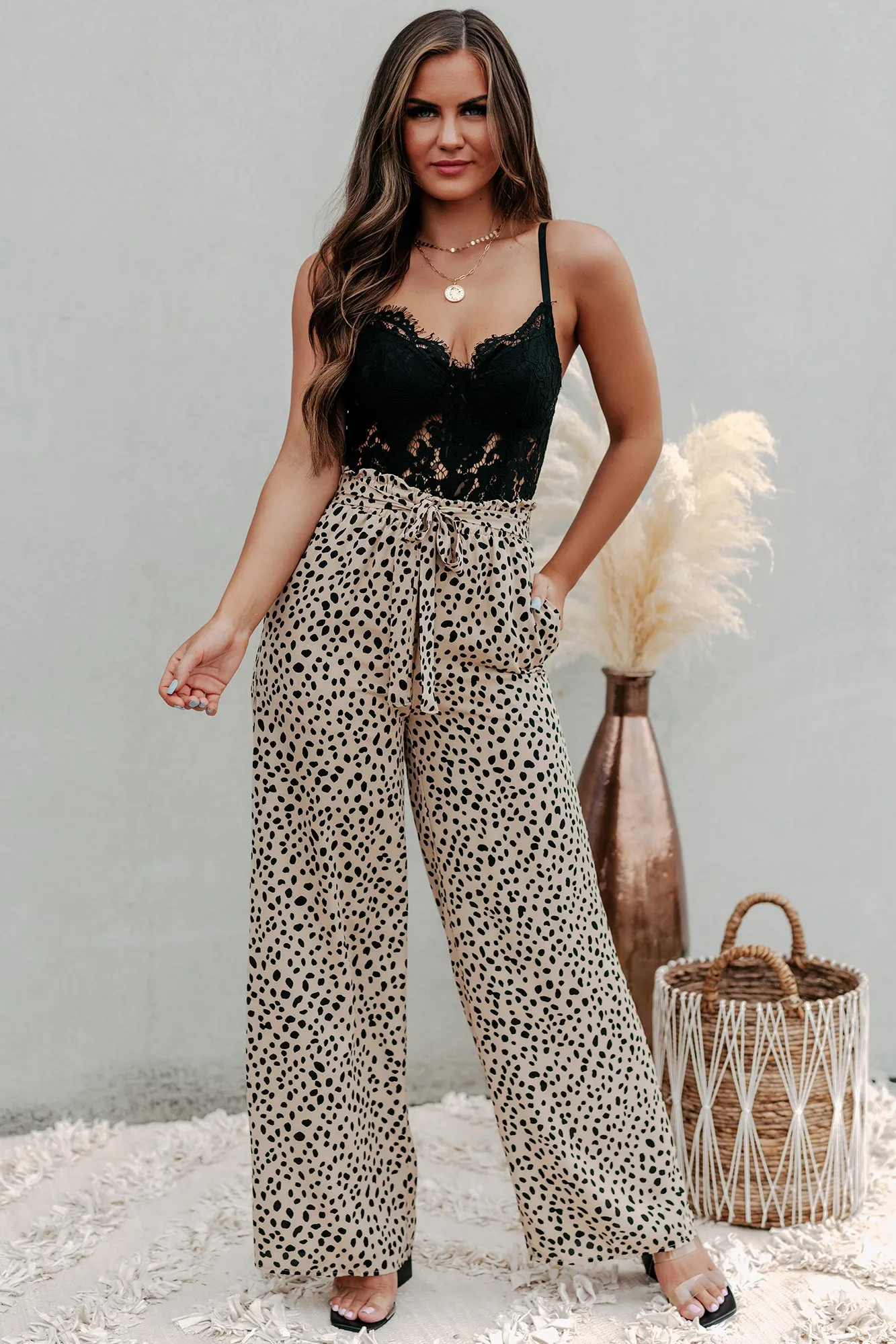 Fiercely Fashionable Wide Leg Printed Paperbag Pants (Taupe)