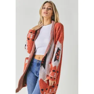 Fleece jacquard button opened cardigan