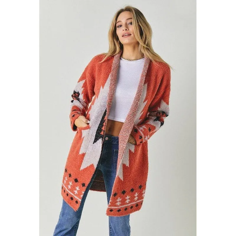 Fleece jacquard button opened cardigan