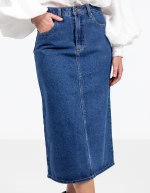 Flynn Non-Stretch Denim Midi Skirt in Dark Blue