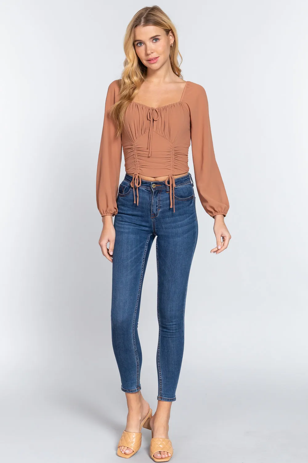 Front Tied Ruched Detail Long Sleeve Top