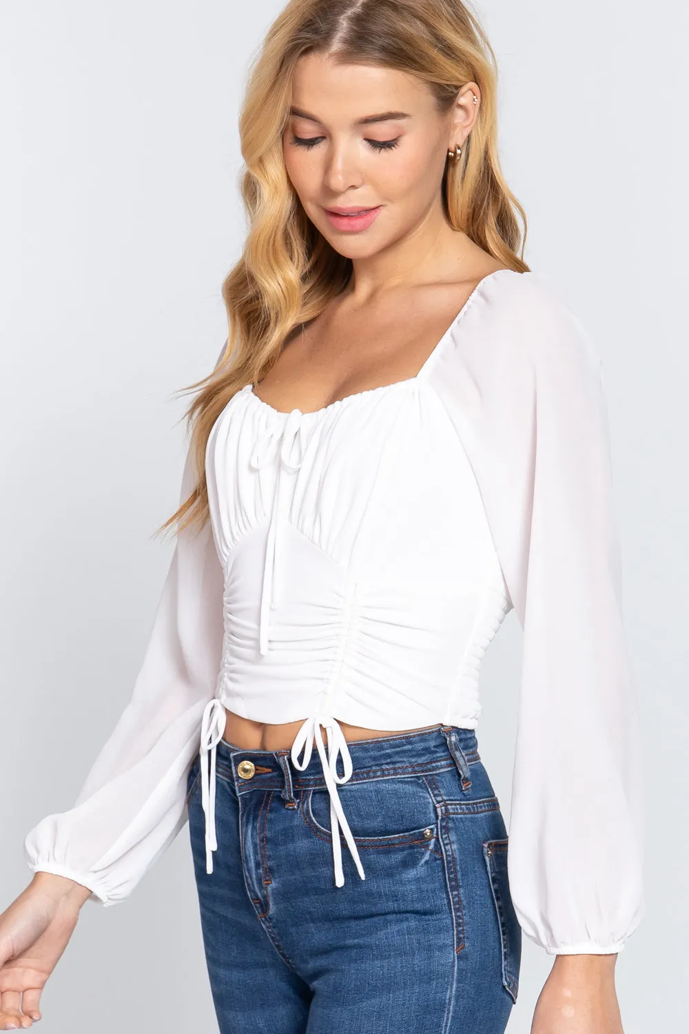 Front Tied Ruched Detail Long Sleeve Top