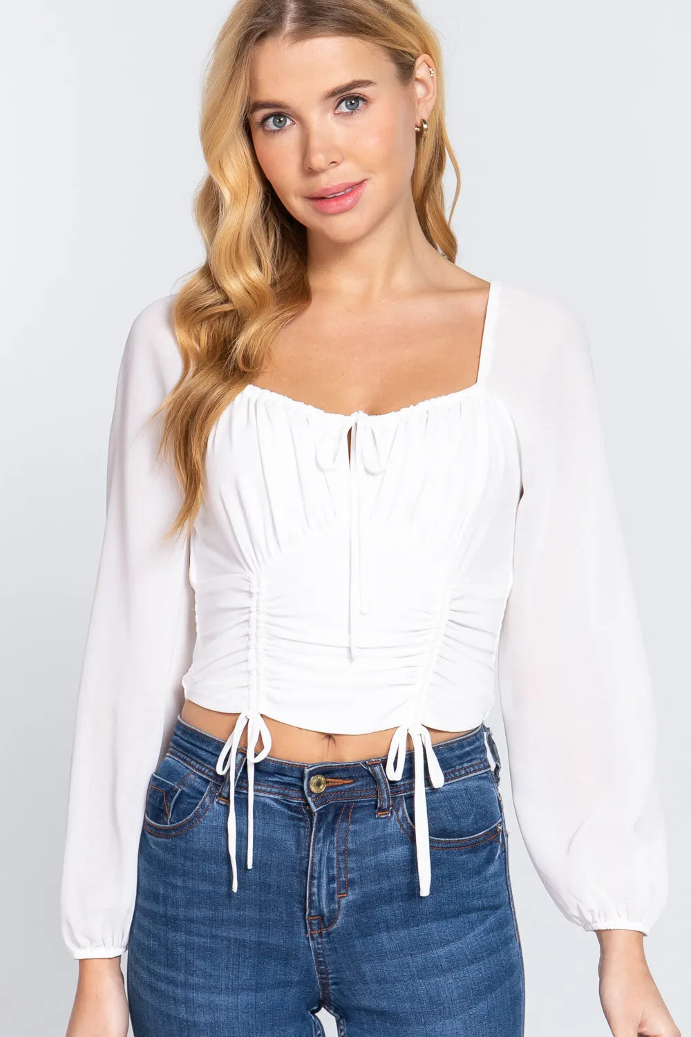 Front Tied Ruched Detail Long Sleeve Top