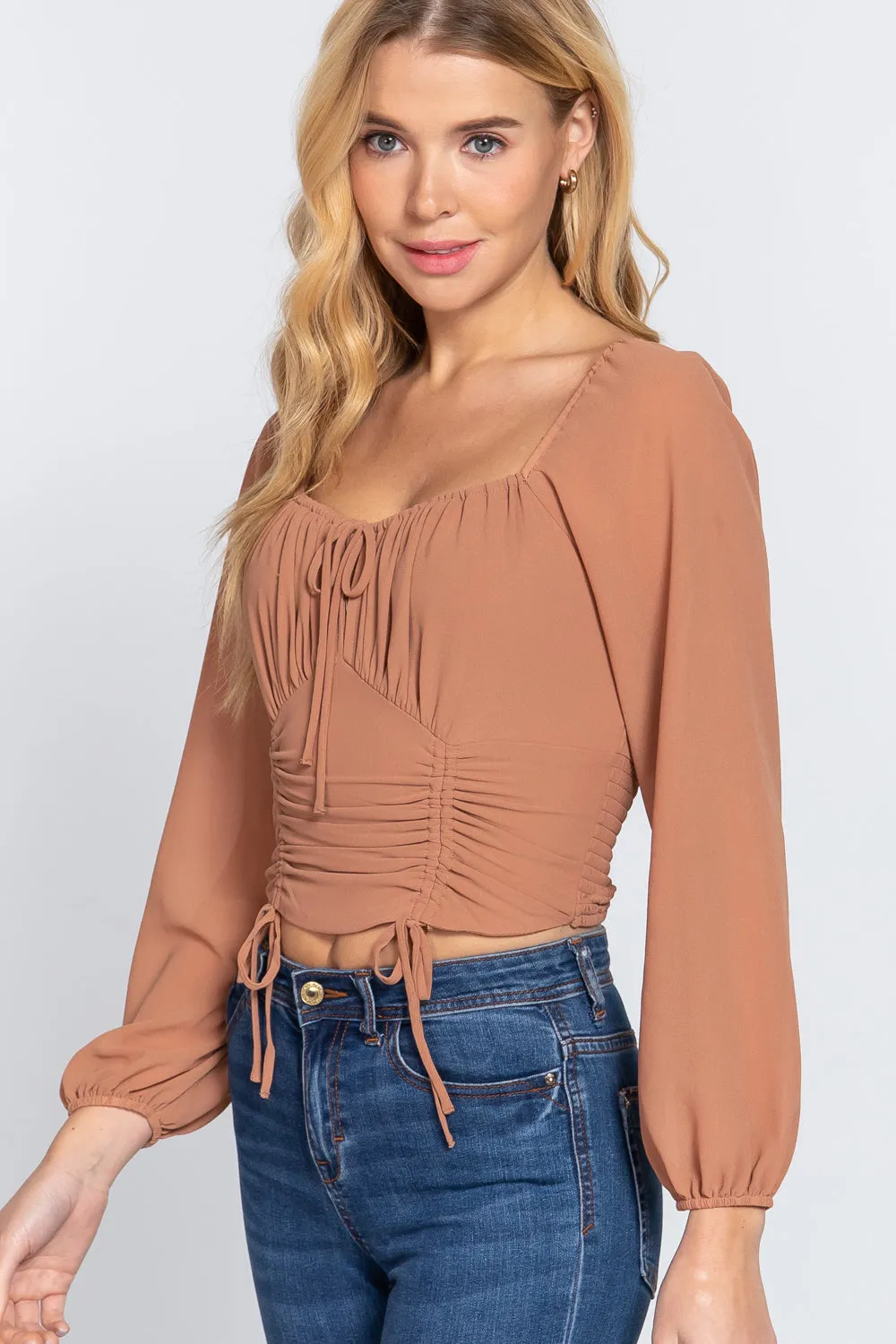 Front Tied Ruched Detail Long Sleeve Top