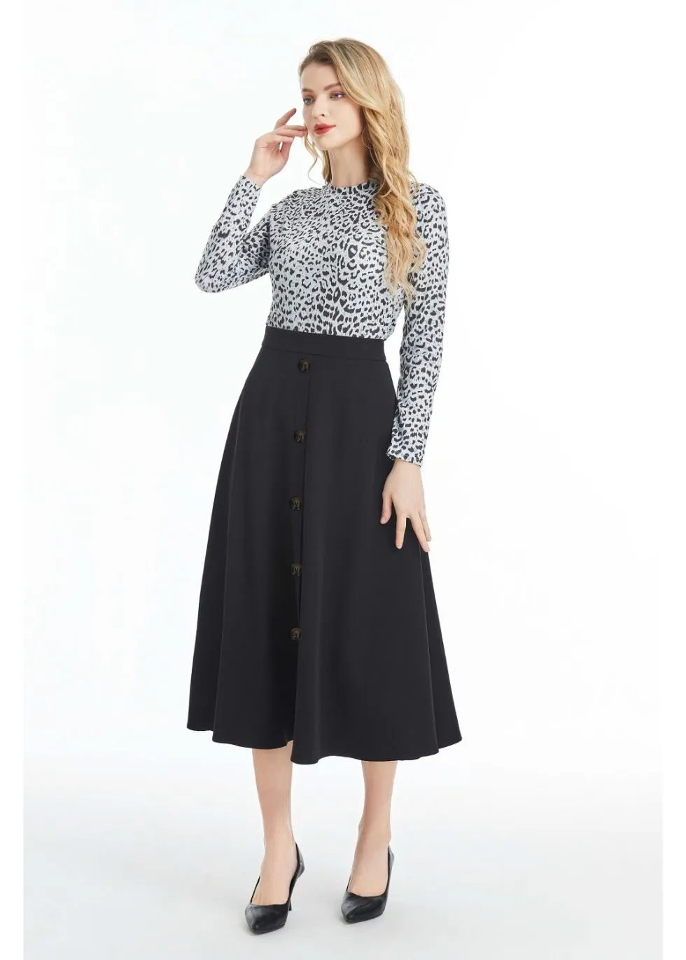 Fully Lined Black Midi Skirt with Front Button Detail