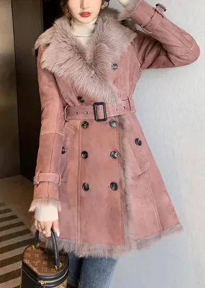 Fur Collar Tie Waist Leather And Fur Coats