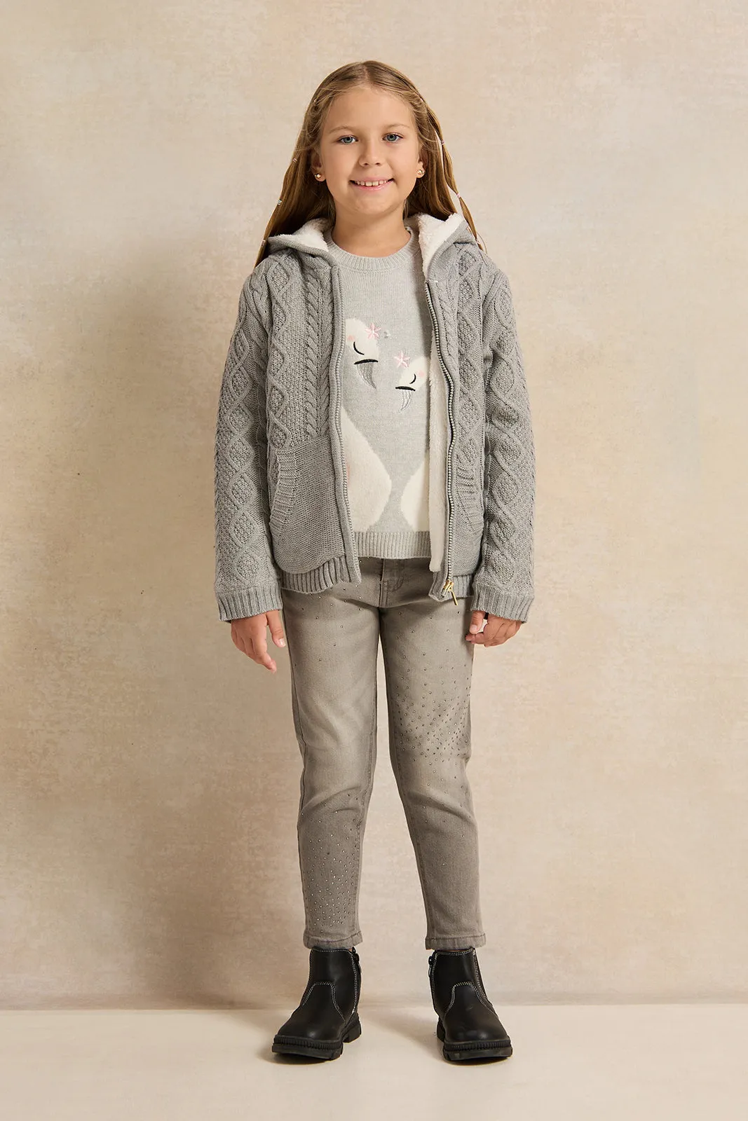 Girls Grey Zip Thru Hooded Cardigan