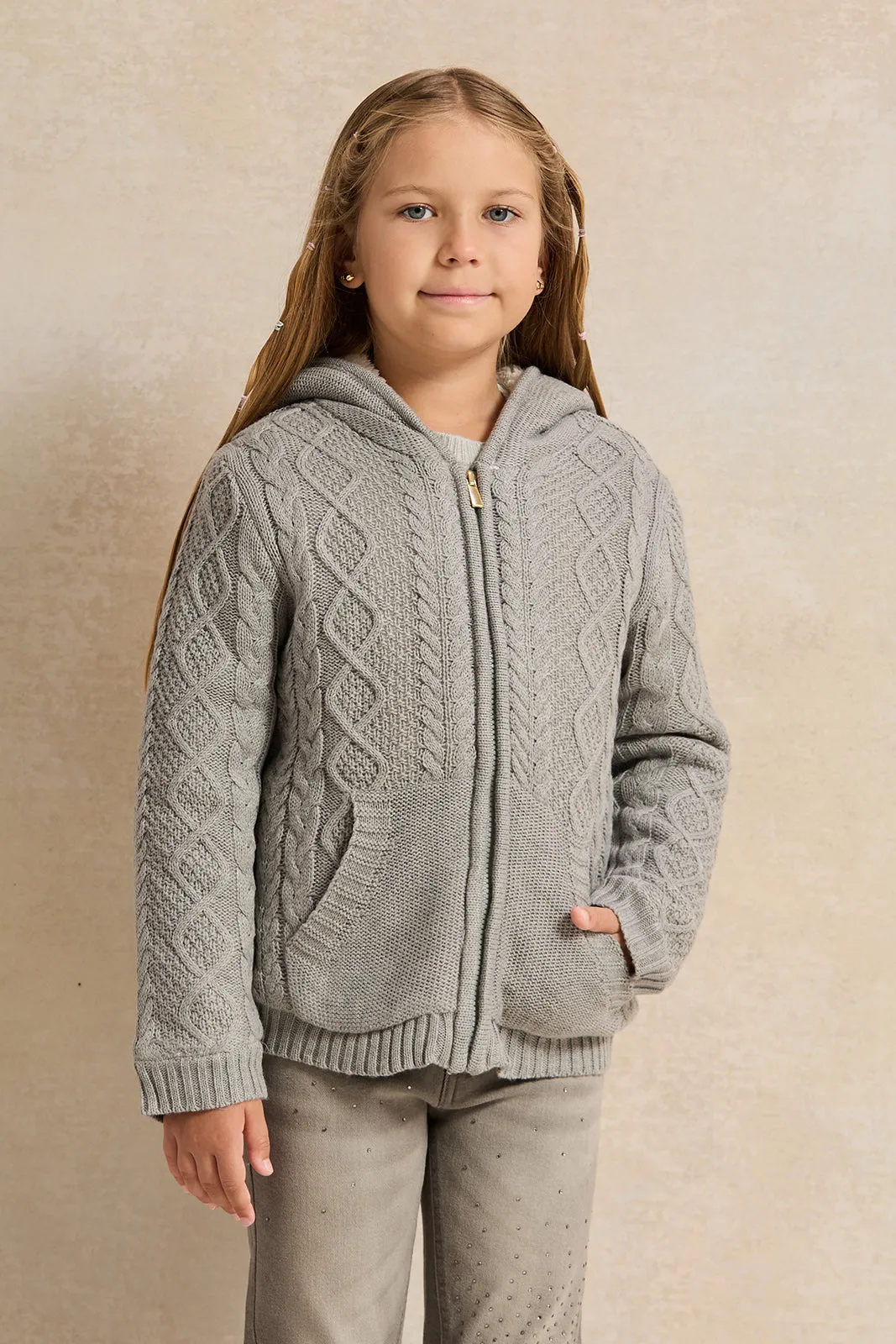 Girls Grey Zip Thru Hooded Cardigan