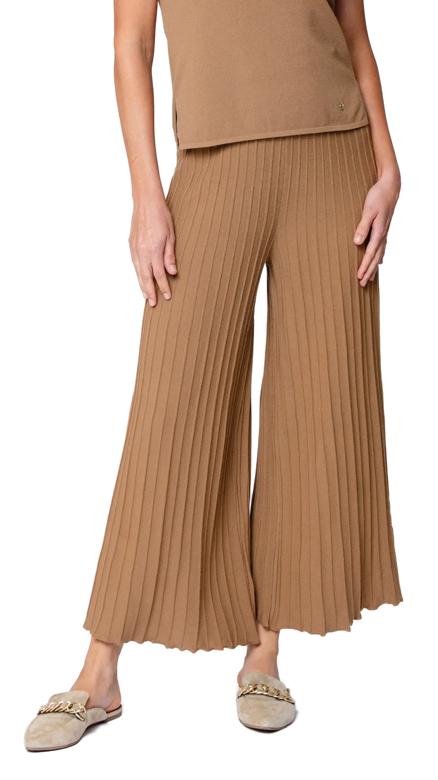 Giuliana Plisse-Look Cropped Wide Leg Pants - Mocha