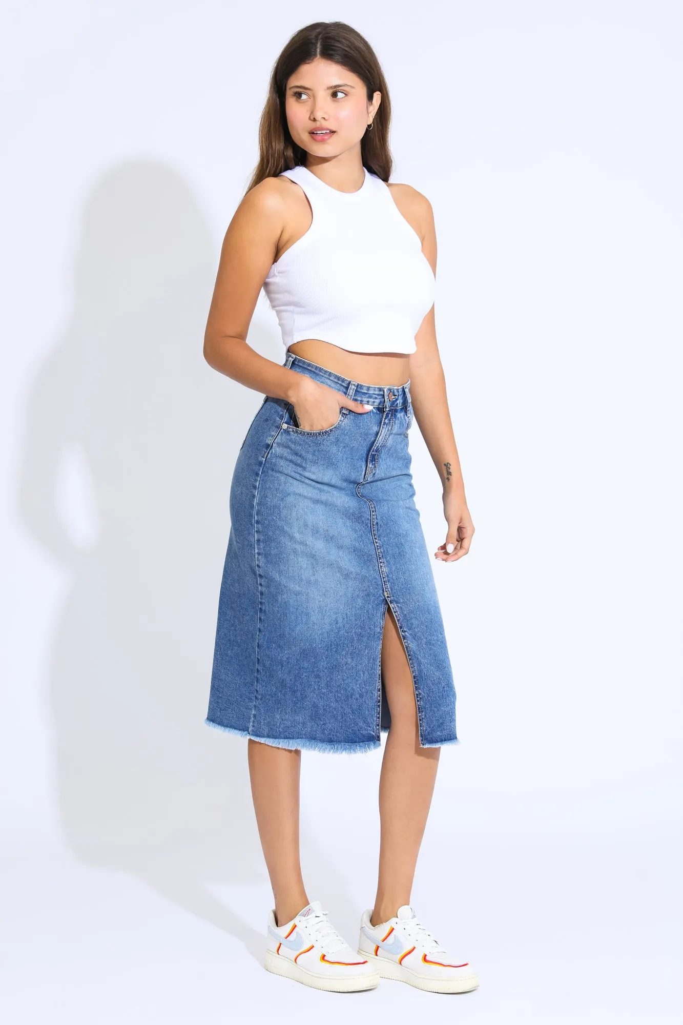 Going Out Front Slit Midi Skirt - Dark Blue / Black