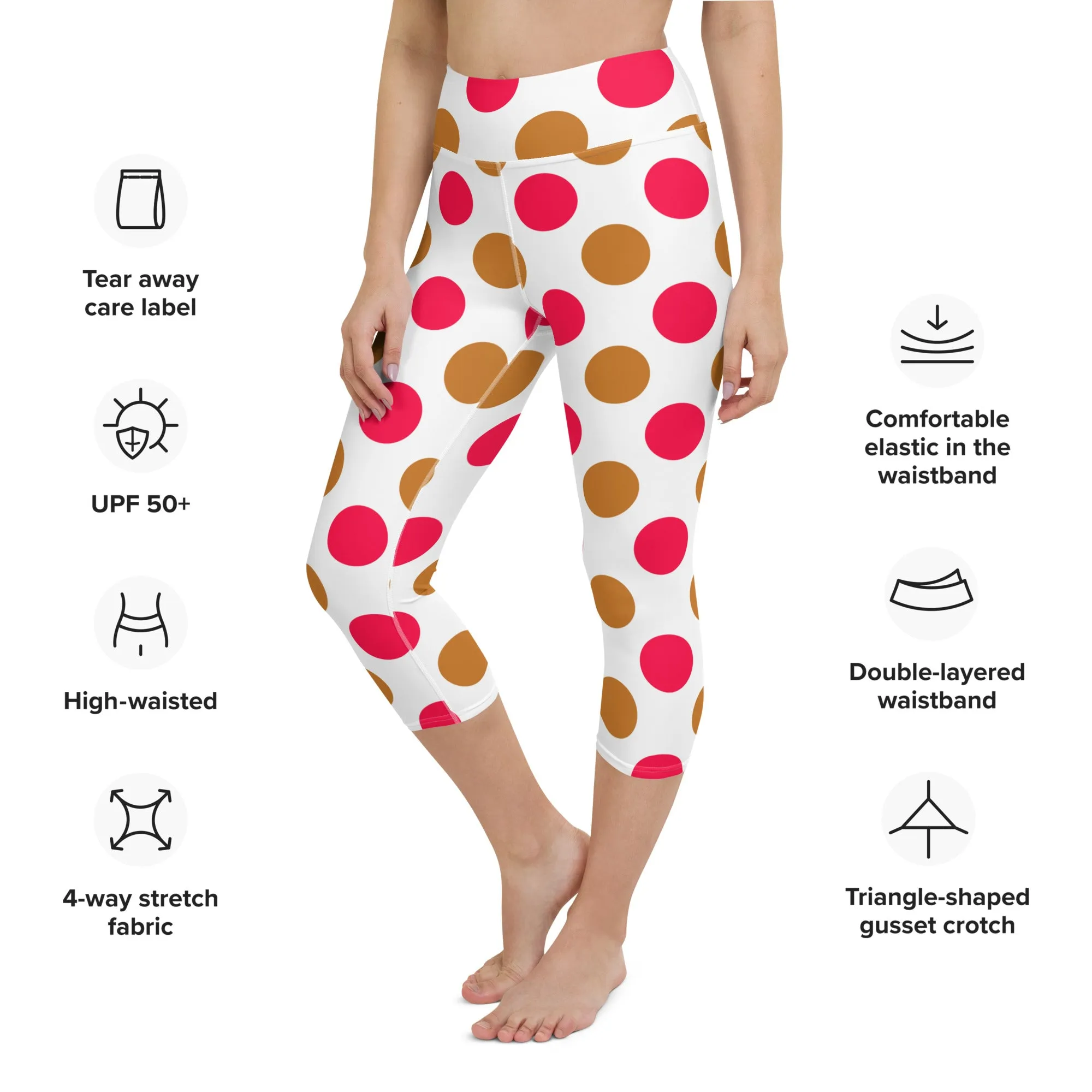 Gold and Pink Polka Dots Yoga Capri Leggings | Exercise Capri Leggings, lioness-love