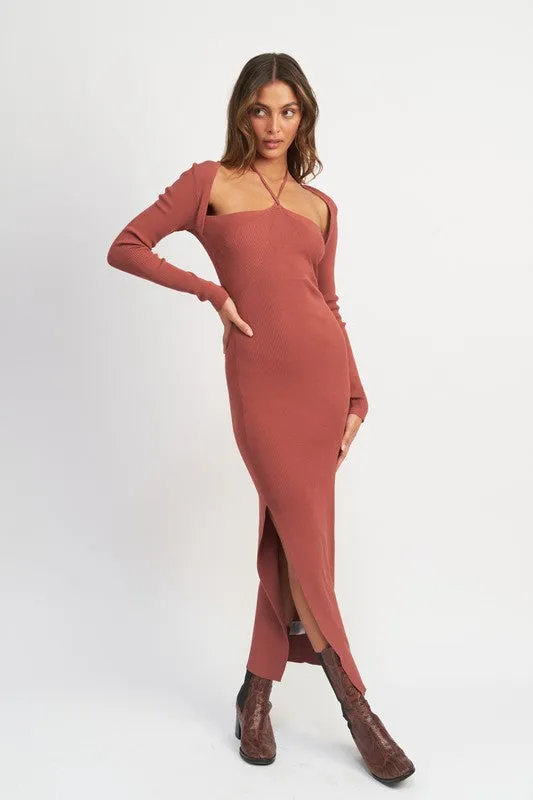 Halter Long Sleeve Sweater Maxi Dress Women's Tight Long Knit Dress Casual