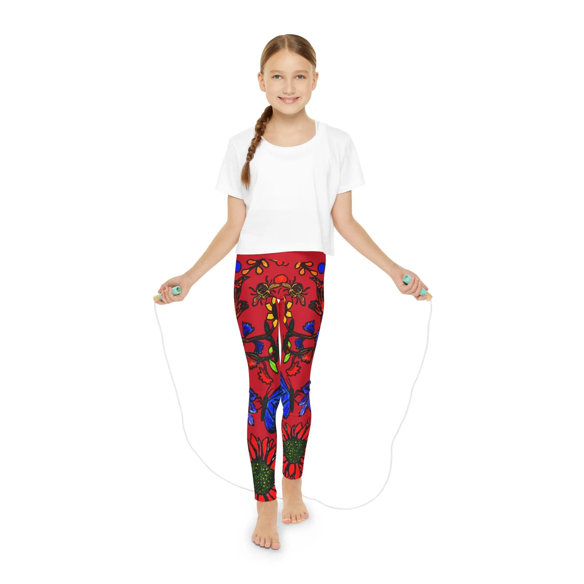 Hand Drawn Floral Art Youth Full-Length Leggings - Comfortable  Stretchy with Elastic Waistband