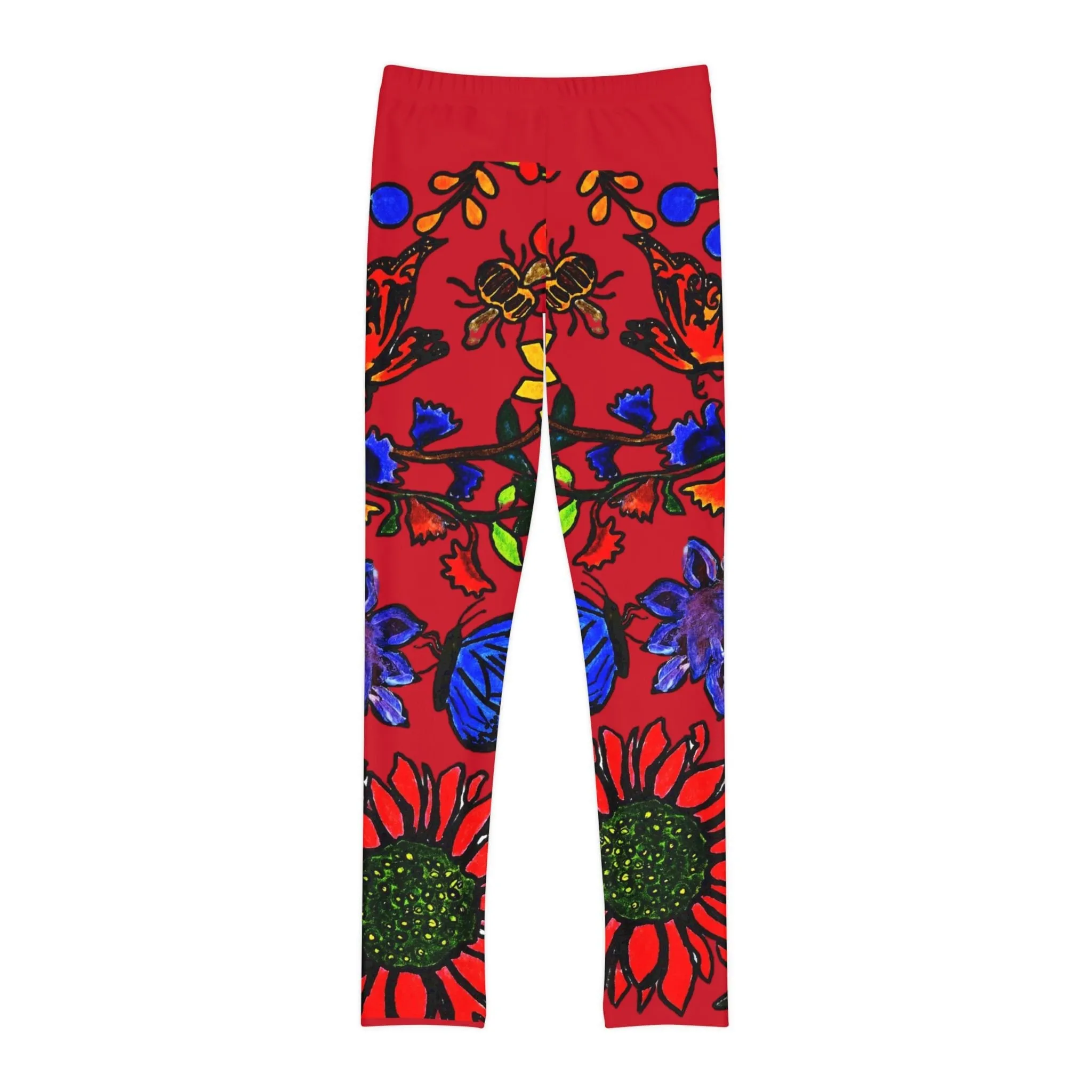 Hand Drawn Floral Art Youth Full-Length Leggings - Comfortable  Stretchy with Elastic Waistband