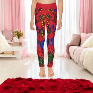 Hand Drawn Floral Art Youth Full-Length Leggings - Comfortable  Stretchy with Elastic Waistband