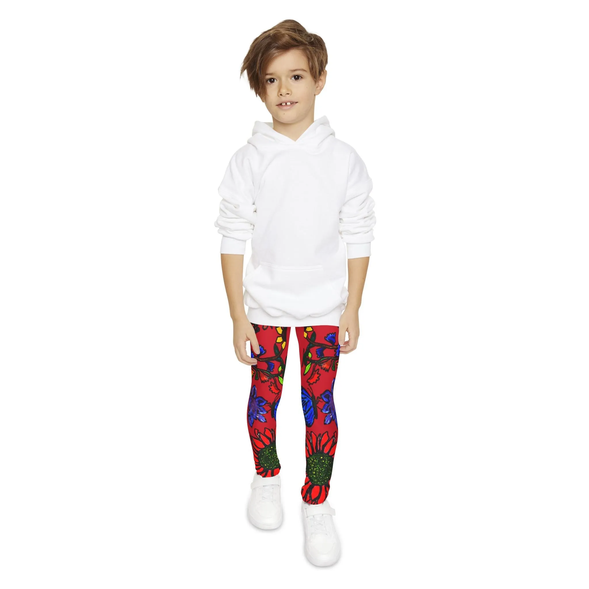 Hand Drawn Floral Art Youth Full-Length Leggings - Comfortable  Stretchy with Elastic Waistband