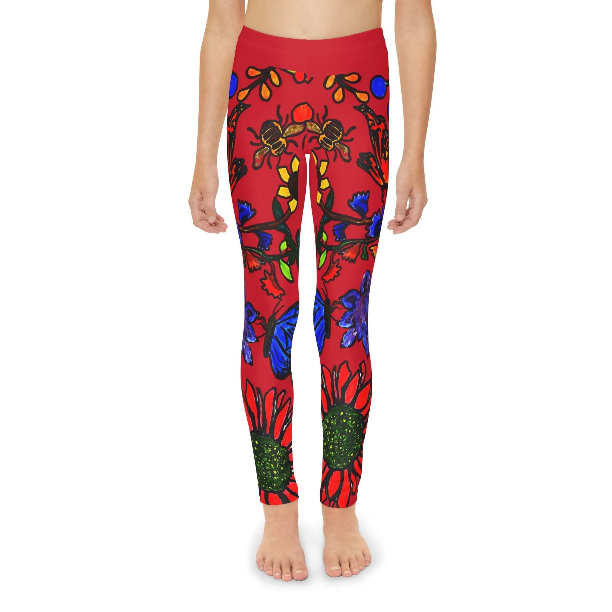 Hand Drawn Floral Art Youth Full-Length Leggings - Comfortable  Stretchy with Elastic Waistband