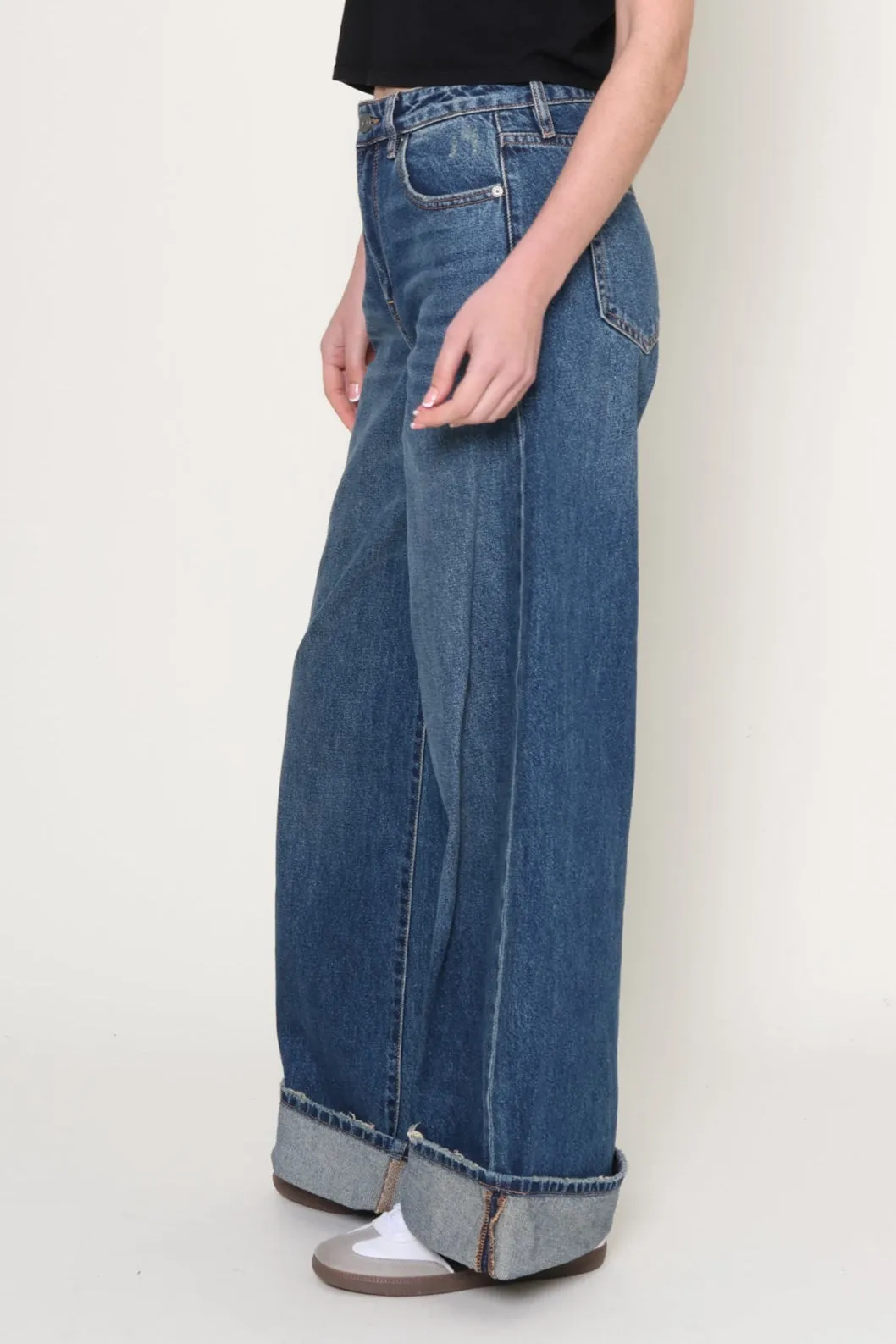 High Rise Wide Leg with Cuff-Porto Blue