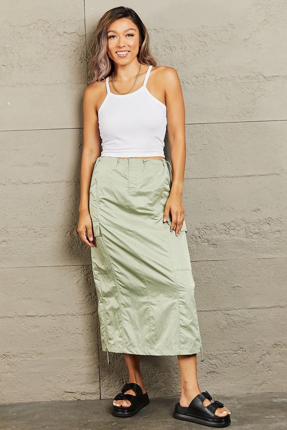 High Waisted Cargo Midi Skirt