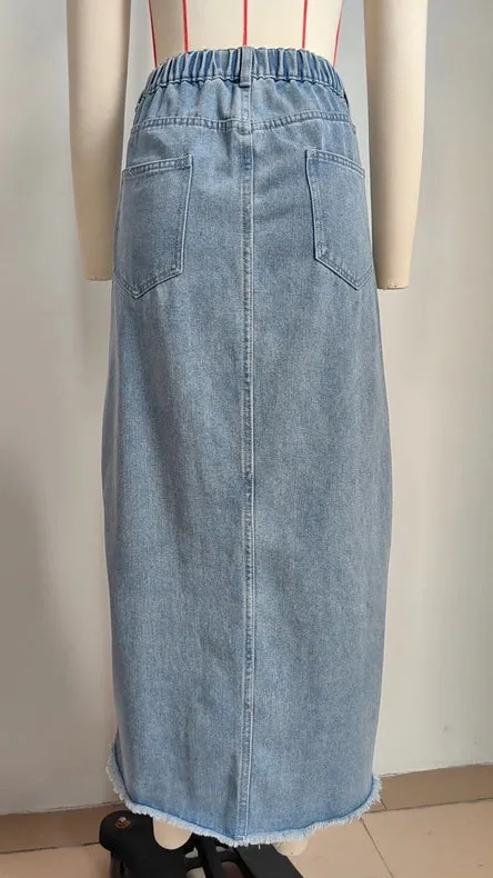 Irregular Waist Midi Denim Skirt with Front Slit