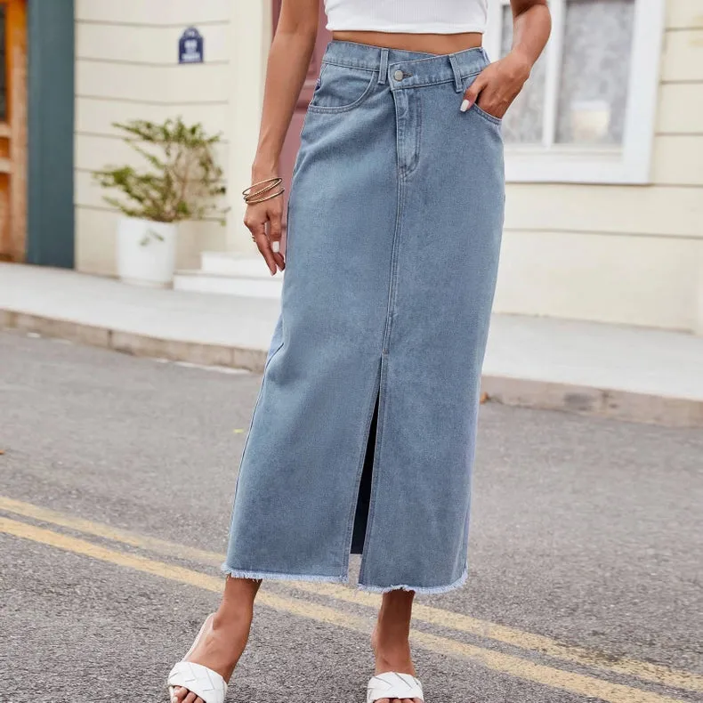 Irregular Waist Midi Denim Skirt with Front Slit