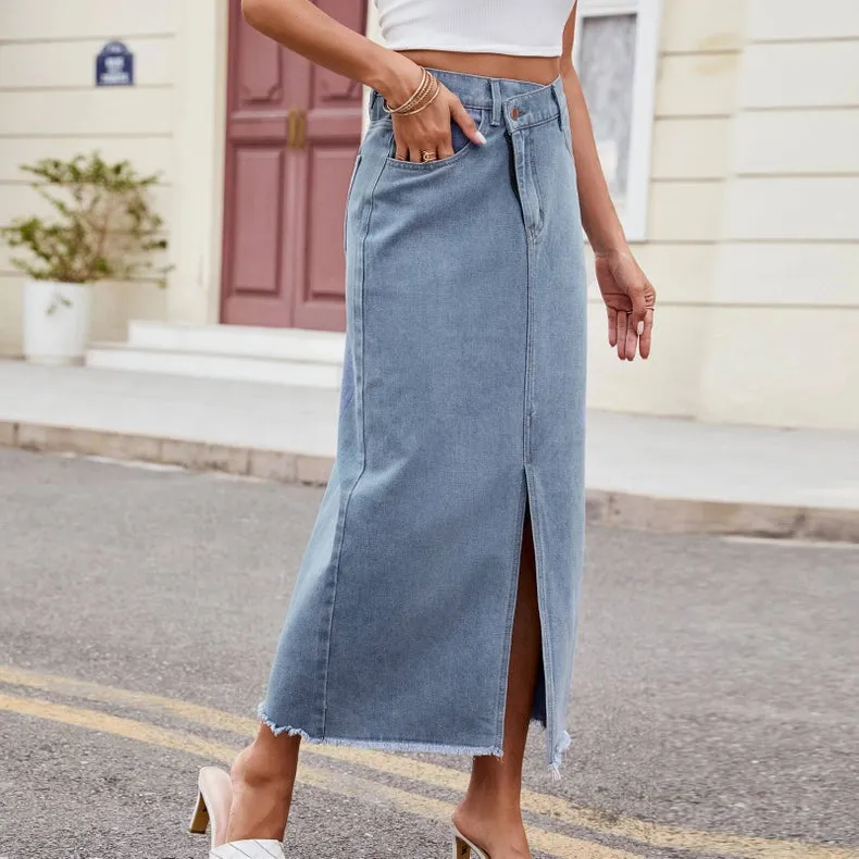 Irregular Waist Midi Denim Skirt with Front Slit