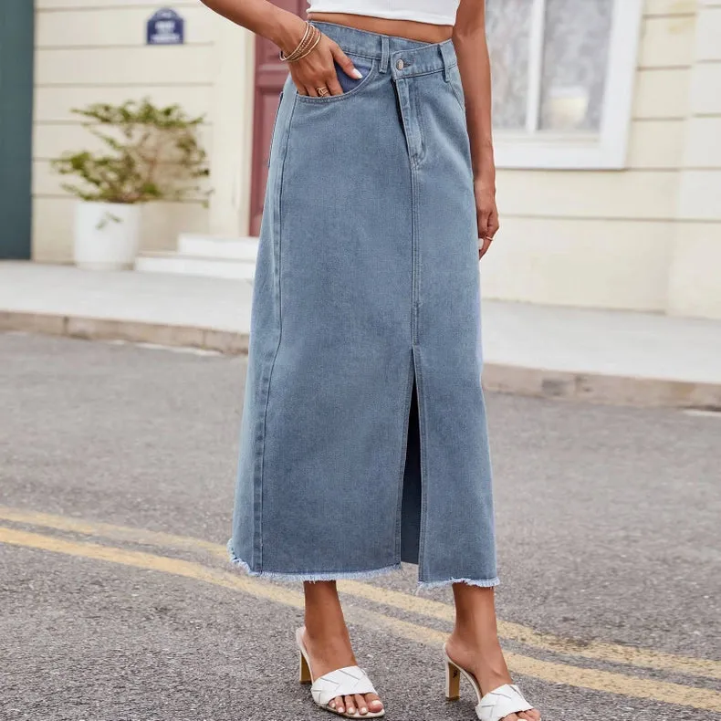 Irregular Waist Midi Denim Skirt with Front Slit