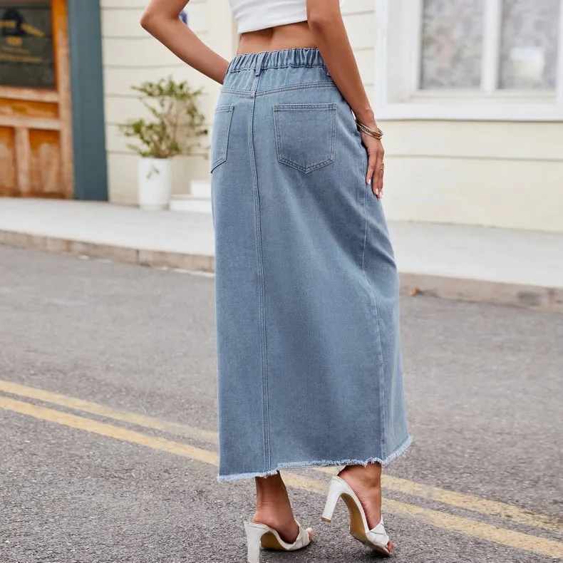 Irregular Waist Midi Denim Skirt with Front Slit