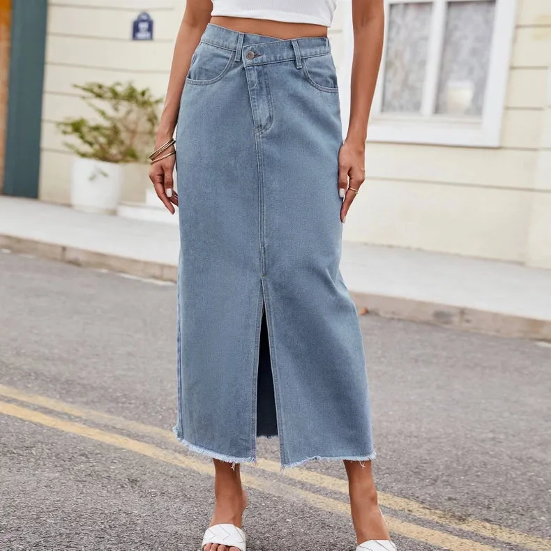 Irregular Waist Midi Denim Skirt with Front Slit