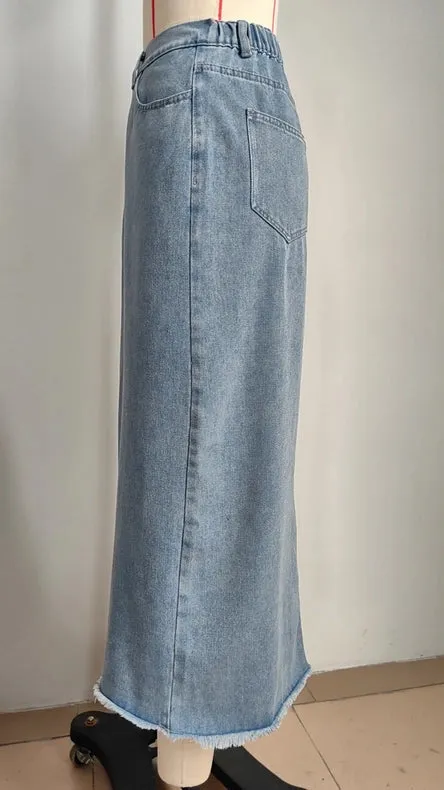 Irregular Waist Midi Denim Skirt with Front Slit