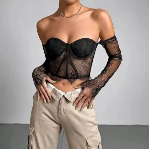 Isabel Long-Sleeve Off-Shoulder Lace Panel Cropped Bustier Top