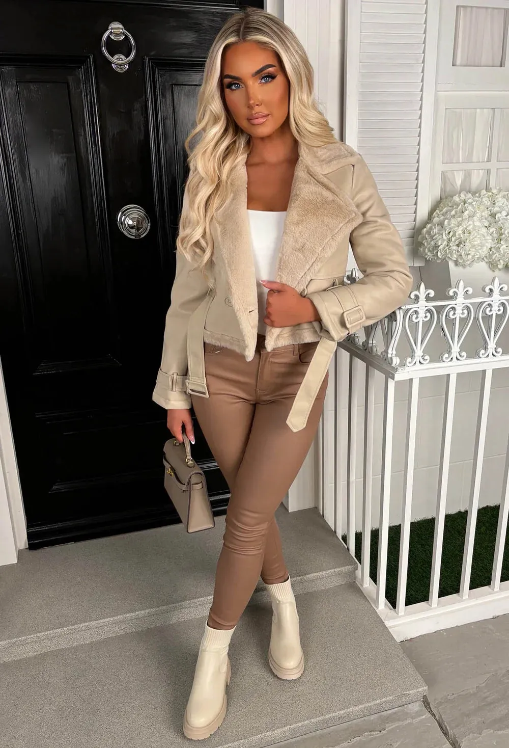 Katya Cream Faux Sheepskin Belted Biker Jacket