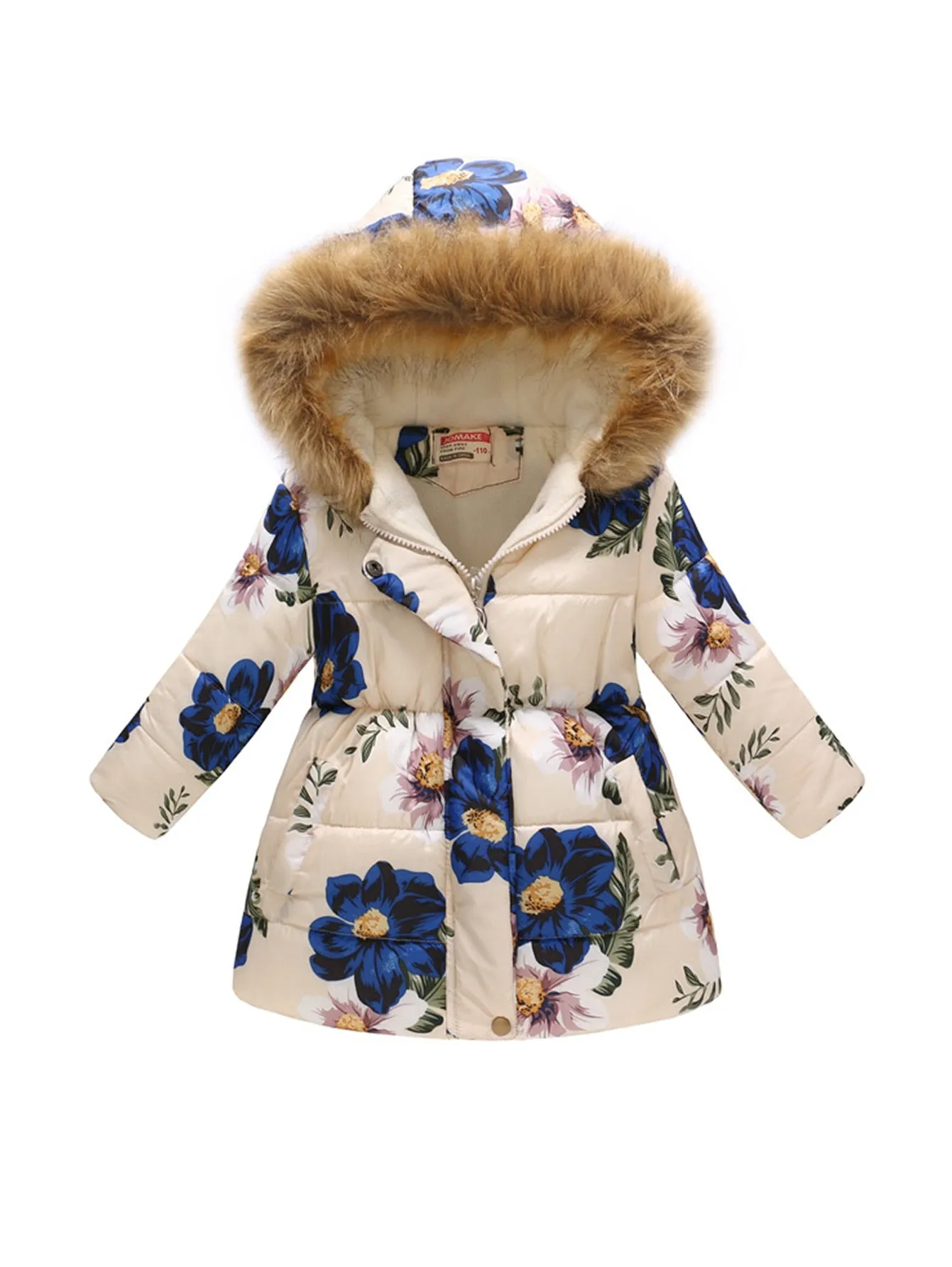 Kids Girls Cotton-Padded Flower Print and Fleece Hooded Jackets