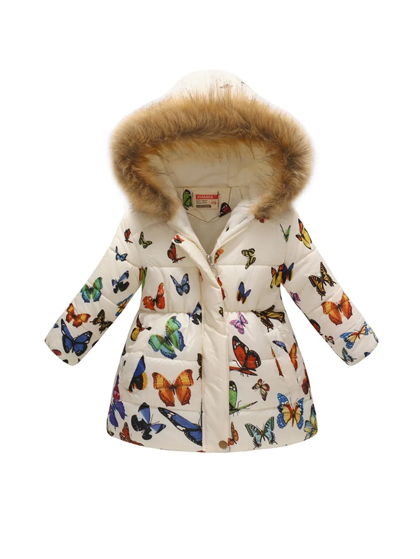 Kids Girls Cotton-Padded Flower Print and Fleece Hooded Jackets