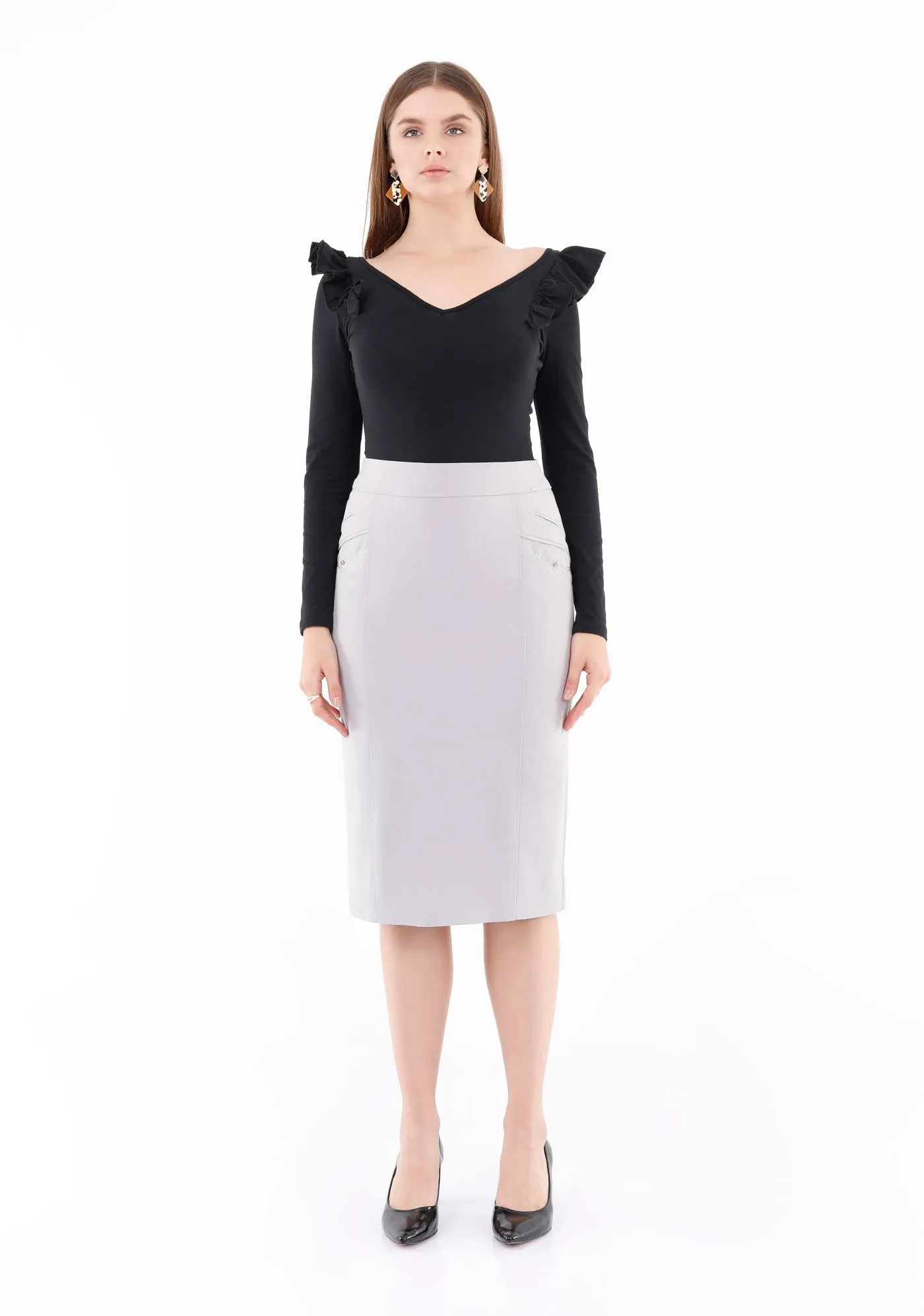 Light Grey Back Vented Straight Midi Pencil Skirt