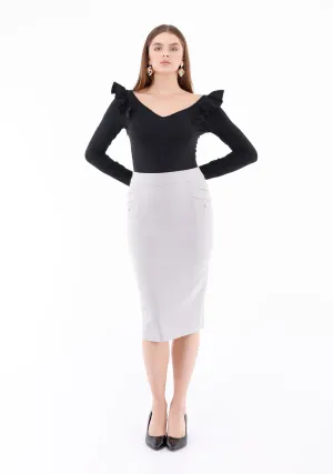 Light Grey Back Vented Straight Midi Pencil Skirt