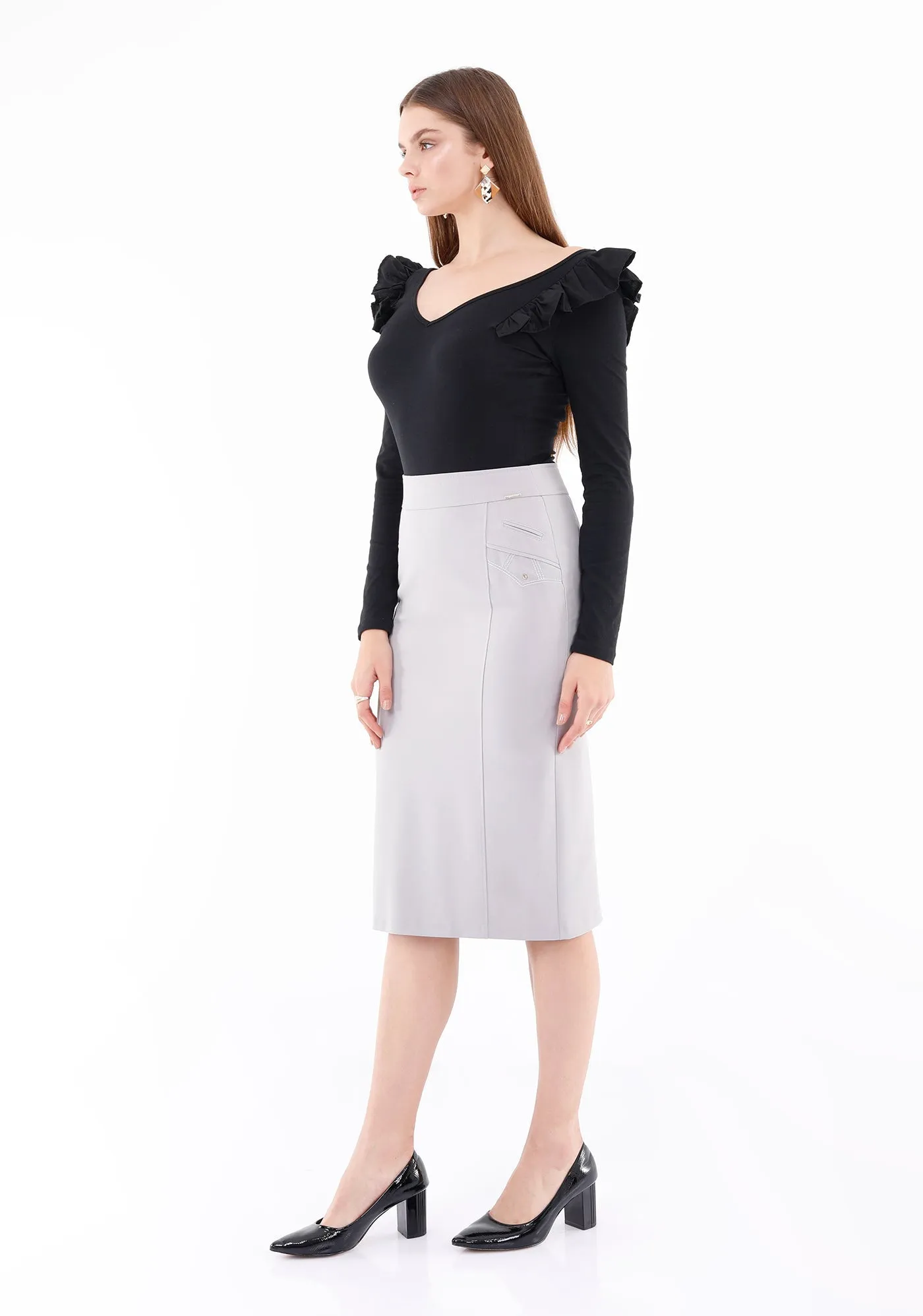 Light Grey Back Vented Straight Midi Pencil Skirt