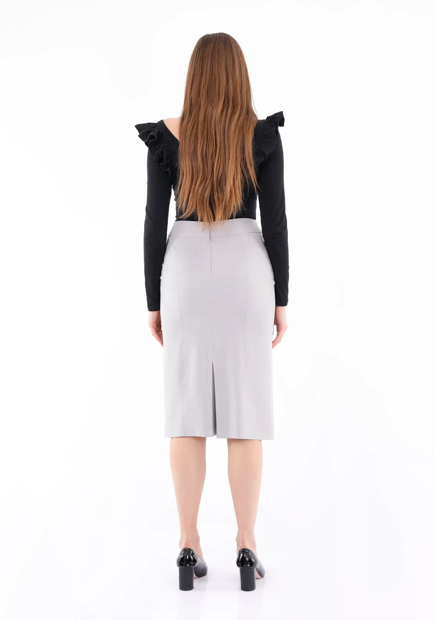 Light Grey Back Vented Straight Midi Pencil Skirt