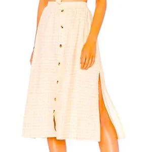 Linen Gingham Midi Skirt in White and Yellow