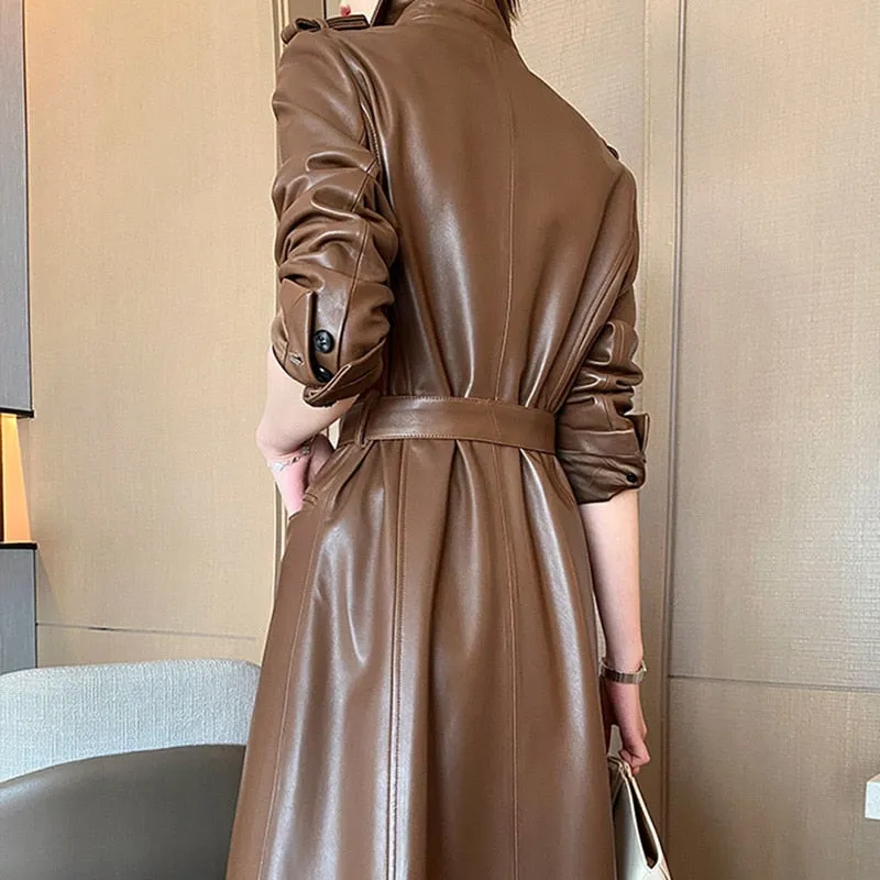 Long Sleeve Genuine Leather Women's Trench Coats