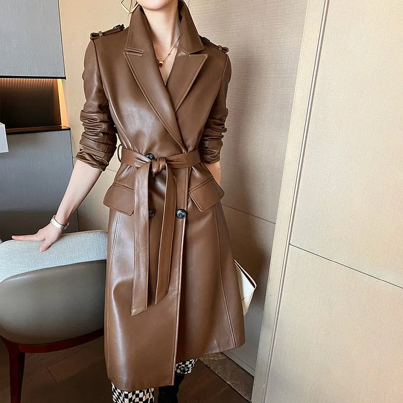 Long Sleeve Genuine Leather Women's Trench Coats