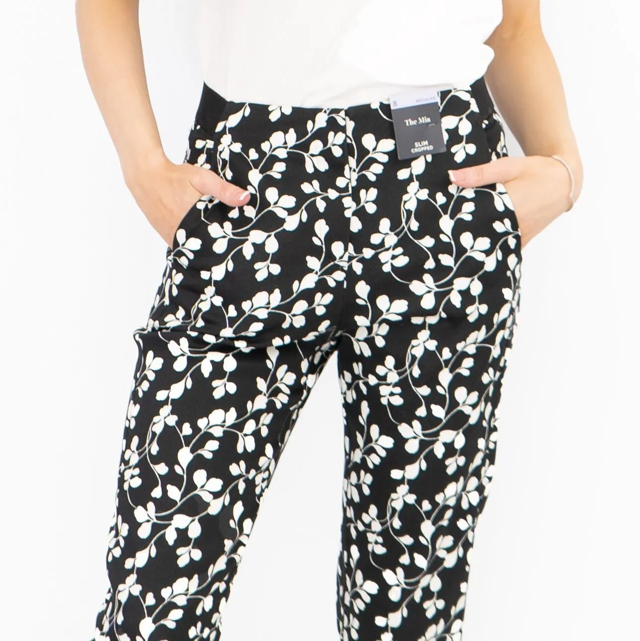 M&S Mia Black Flower Print Slim Leg Tapered Crop Chino Trousers