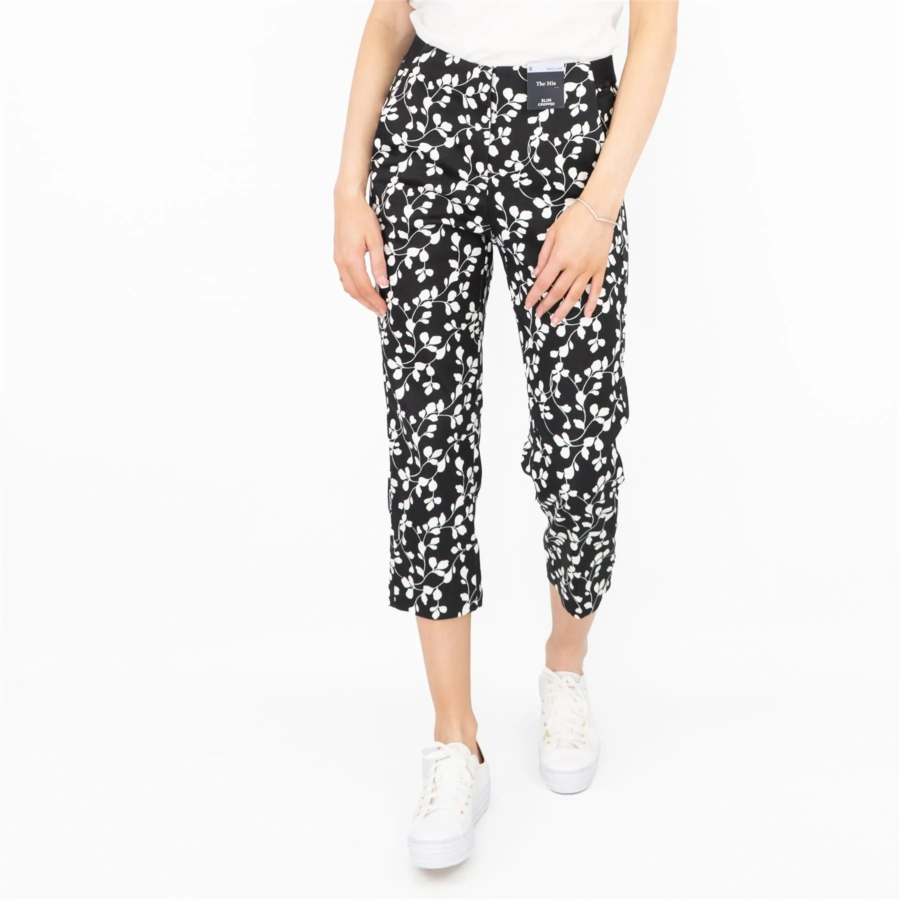 M&S Mia Black Flower Print Slim Leg Tapered Crop Chino Trousers