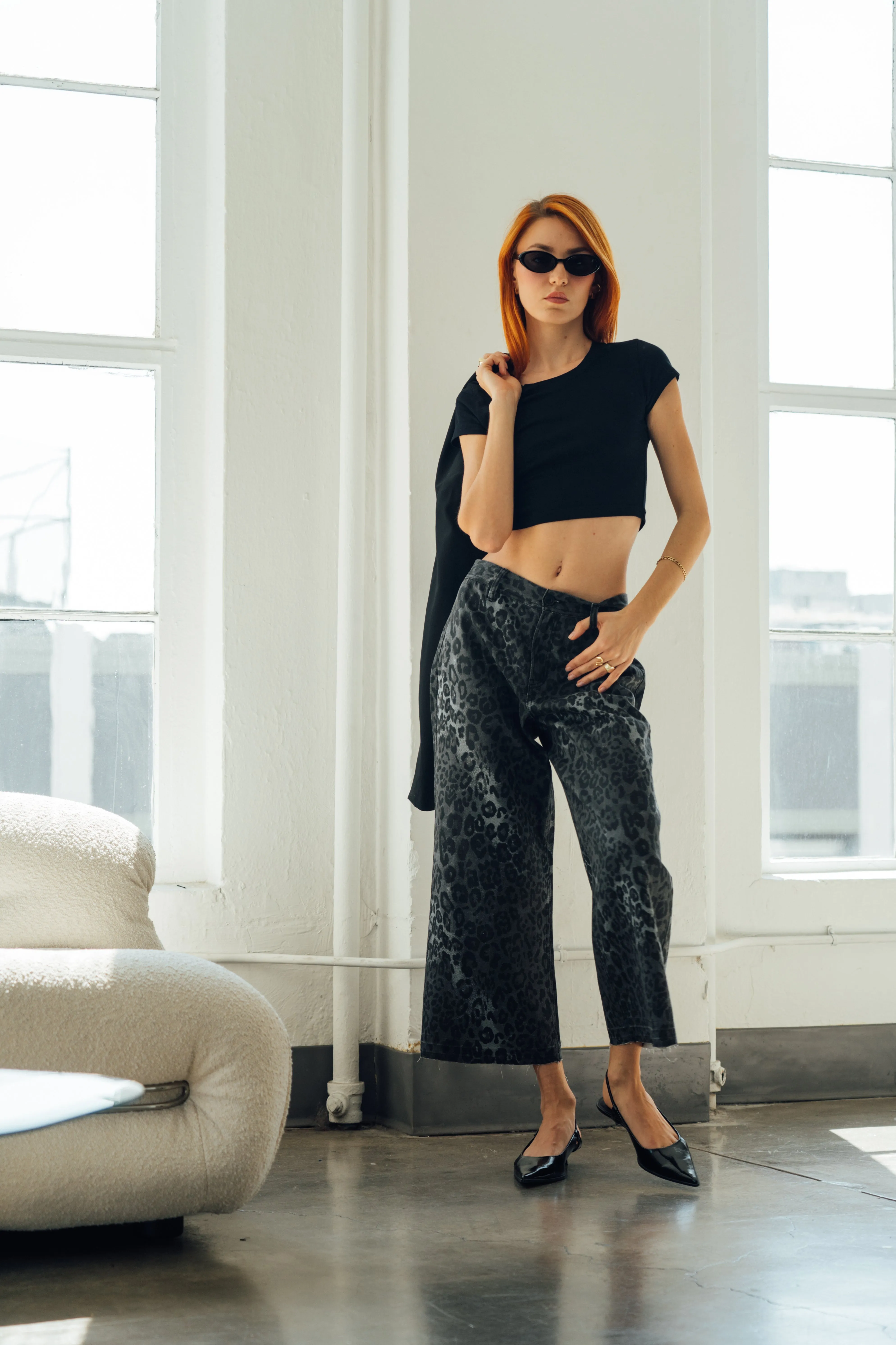 Marina Wide Leg Crop Pants - Black Leopard