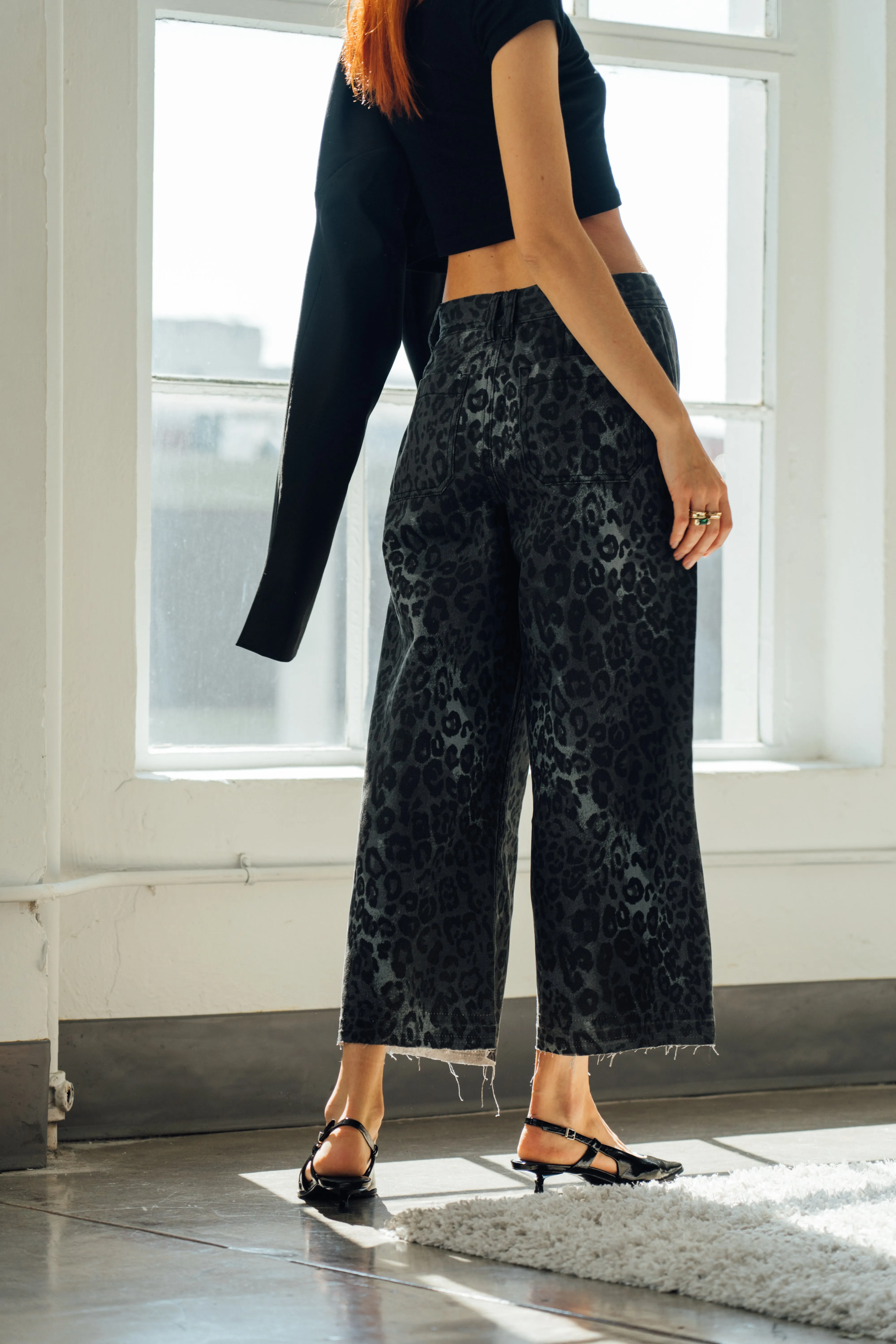 Marina Wide Leg Crop Pants - Black Leopard